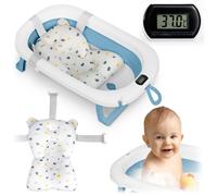 Ricokids Baignoire bébé pliable - thermomètre, coussin, légère antidérapante Blanc-Bleu