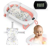 Ricokids Baignoire pour bébé, avec thermomètre et coussin de bain, pliable, légère, antidérapante, blanche et rose