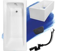 Baignoire rectangulaire 130x70 + support de baignoire + appui-tête, écoulement & pieds S | Set complet 5in1 baignoire originale acrylique siphon | BADLAND TALIA