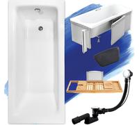 Baignoire rectangulaire 140x70 + revêtement en polystyrène + étagère en bambou + appuie-tête, écoulement & pieds S | Set complet 6in1 baignoire originale acrylique siphon | BADLAND TALIA
