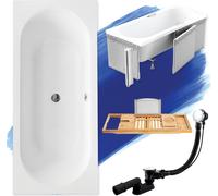 Baignoire rectangulaire 160x75 + revêtement en polystyrène + étagère en bambou, écoulement & pieds S | Set complet 5in1 baignoire originale acrylique siphon | BADLAND VITAE