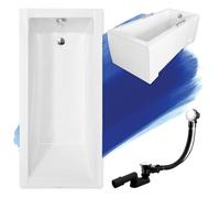 Baignoire rectangulaire BADLAND - En acrylique - 120 x 70 cm - Blanc - Kit complet - Tablier en acrylique - Siphon - Pieds de baignoire - Design moderne - Bonde chromée - Fabriqué en UE - 4 en 1