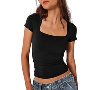 BAIGRAM Haut Court à Manches Courtes et col carré pour Femme - Haut ajusté pour Sortir - Y2K - Mignon d'été Basique - Tendance, Noir, Taille S