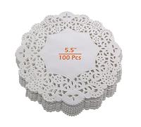 BaiJ Dentelle Napperons Papier,100 PCS Napperon Papier Rond Décoratif Blanc Gâteau Emballage TamponJetable Sous-verres pour Desserts Biscuits Produits Mariages Fête D'anniversaire Décoration 5,5"