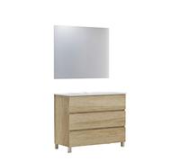 Baikal Ensemble de Meubles de Salle de Bain Neo avec Miroir Lune Lisse, Trois tiroirs ou Deux Portes, Meuble avec Pieds, différentes Finitions et Dimensions, mélamine 16 mm. Meuble monté 3c 90 Nature