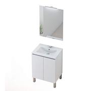 Baikal Meuble de Salle de Bain avec lavabo et Miroir avec Applique LED avec Pieds, Deux Portes, Finition Blanc Mat, mélamine 16, Facile à Assembler 16 mm, 60 x 46 x 82 cm