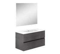 Baikal Meuble de Salle de Bain Deux tiroirs, Suspendu au Mur avec lavabo. Mélamine 16. Meuble monté. Meuble de 90 cm Cendre avec Miroir Lune Lisse