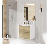 Baikal Meuble de Salle de Bain Gavin, 2 tiroirs, Suspendu au Mur, avec lavabo en céramique, différentes Finitions, livré monté, avec Miroir 60 cm Nature