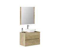 Baikal Meuble de Salle de Bain Onyx, 2 tiroirs, Suspendu au Mur, avec lavabo en céramique, Meuble monté, mélamine 16, Meuble F46 + Haut + lavabo + Miroir 70 cm Nature
