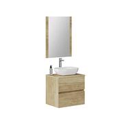 Baikal Meuble de Salle de Bain Onyx, 2 tiroirs, Suspendu au Mur, avec lavabo en céramique, Meuble monté, mélamine 16, Meuble F46 + Haut + lavabo + Miroir 60 cm Nature