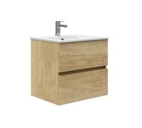 Baikal Meuble de Salle de Bains, Armoire Suspendue avec Vasque en Ceramique, Hauteur 55 cm, Largeur 60 cm, 2 Tiroirs, Finition Nature, Meuble Monte