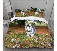 BAIL Housse de Couette 220x240 Prairie Parure de Lit Chien Husky Microfibre 3 Pièces 3D Imprimée Parures de Lit avec Fermeture éclair Housses de Couettes et 2 Taies d'oreiller 65x65 cm