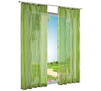 BAILEY JO 1 Panneau Rideau Voilage à Galon Fronceur Semi-Transparent Teinté Vert LxH/140x175CM avec Motif Vague Décoration de Fenêtre