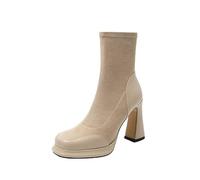 Bailey Xingqi Bottines Femme Suédé à Bout Carré Plateau Semelle Compensée Talon Bloc Rétro Hiver Abricot Taille 39