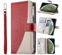 BAILI Étui Portefeuille pour Redmi 10/10 Prime, emplacements pour Cartes, Fermeture magnétique, Poche zippée, Coque pour Redmi 10/10 Prime-Rouge