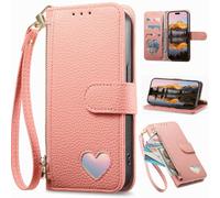 BAILI Étui Portefeuille zippé pour Fairphone 5, Poche zippée avec Fermeture magnétique, Support, dragonne, Coque à Motif Amour pour Fairphone 5-Rose