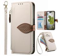 BAILI Étui pour Honor 600 Pro avec Porte-Cartes, Abat magnétique à Motif de Feuilles et Fermeture à glissière, Sac à Main pour Honor 600 Pro-Blanc
