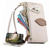 BAILI Étui pour Realme C21Y/Realme C25Y avec Porte-Cartes, Abat magnétique à Motif de Feuilles et Fermeture à glissière, Sac à Main pour Realme C21Y/Realme C25Y-Blanc