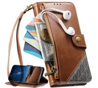 BAILI Étui pour Vivo V50/vivo V50E, Coque avec dragonne, emplacements pour Cartes, Poche zippée, Support intégré, Fermeture magnétique-Marron