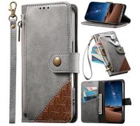 BAILI Étui pour Vivo Y28 4G/Y37 Pro, Coque avec dragonne, emplacements pour Cartes, Poche zippée, Support intégré, Fermeture magnétique-Gris