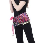 Bailinks Écharpe de hanche sequins danse orientale,jupe en mousseline avec pièces monnaie pour la danse du ventres,les cours de yoga,performances-Ceinture écharpe de danse pour femmes(Rouge rose)