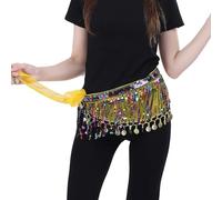 Bailinks Écharpe de hanche sequins pour danse orientale, jupe en mousseline avec pièces monnaie pour la danse du ventres, les cours de yoga,performances-Ceinture écharpe de danse pour femmes (Jaune)