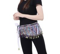 Bailinks Écharpe de hanche sequins pour danse orientale, jupe en mousseline avec pièces monnaie pour la danse du ventres, les cours de yoga,performances-Ceinture écharpe de danse pour femmes (Blanc)