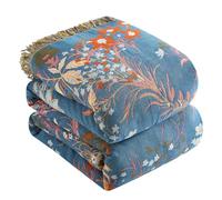 Bailix Couvre-lit Premium Boho 100% Coton Couverture Douillette à Franges Couverture Boho Double Face en Mousseline 230 x 250 cm, Couverture Douillette pour canapé et lit, Bleu/Beige
