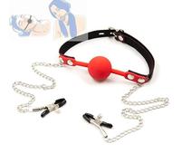 Bâillon rouge + deux pinces en métal, portable et lavable, peut être utilisé avec votre amant sur le chemin du voyage mâle.