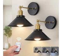 Bailoch Applique murale vintage rechargeable noire et dorée, ensemble de 2 appliques murales LED sans fil à piles avec télécommande, lampe murale d'intérieur pour chambre, style ferme, galerie