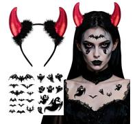 Bailtouk Serre Tete Diable avec 2 Tatouages, Serre-Tête Cornes de Diable, Bandeaux d'halloween Démon Serre Cornes Serre Tete Ange Démoniaque pour Adulte Femme Enfant