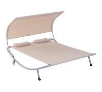 Bain De Soleil 2 Places Lit De Jardin Design Contemporain Toit Réglable 2 Roulettes 2 Oreillers Acier Époxy Polyester Sable