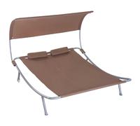 Bain De Soleil 2 Places Lit De Jardin Design Contemporain Toit Réglable 2 Roulettes 2 Oreillers Acier Époxy Polyester Marron Foncé