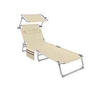 tectake® Chaise Longue 190x68x111cm Pliable Réglable sur 4 Positions Résistante aux intempéries Respirante avec Pare-Soleil & Appui-tête, Poche latérale, poignée de Transport, Jardin, Camping - Beige