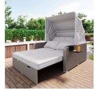 Bain de Soleil Double avec Auvent Rétractable, Canapé de Jardin Convertible 2 Places, Chaise Longue Extérieure Khaki