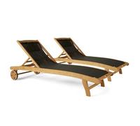 Oviala Lot de 2 Bains de Soleil en Bois inclinable avec Roues Noir