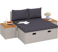 Bain de soleil en poly rotin Outsunny pour 2 personnes, double, avec pouf, espace de rangement, trou pour parasol, résistant aux intempéries, gris
