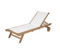 Bain de soleil en toile plastifiée écrue et bois d'eucalyptus à roulettes 67x35x195cm Blanc