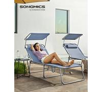 Bain de Soleil Grand, Chaise Longue Pliable, Transat, 200 x 71 x 38 cm, Capacité de Charge 150 kg, avec Pare-soleil et Dossier Inclinable, pour Jardin, Piscine, Terrasse Grège