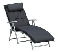 Bain De Soleil Pliable Transat Inclinable 7 Positions Chaise Longue Grand Confort Avec Matelas + Accoudoirs Métal Époxy Textilène Polyester Noir