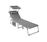 tectake® Chaise Longue 190x68x111cm Pliable Réglable sur 4 Positions Résistante aux intempéries Respirante avec Pare-Soleil & Appui-tête, Poche latérale, poignée de Transport, Jardin, Camping - Gris