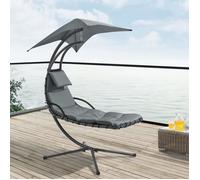 Bain de Soleil Suspendu Transat Support sur Pied Pare Soleil Amovible Matelas Oreiller Construction Robuste en Acier Protection SPF 30 Polyester 166 x 116 x 210 cm Noir Gris