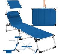 Bain de soleil - TECTAKE - Chaise longue transat LORELLA rembourré et pliable dossier réglable 6 positions avec appui-tête - Bleu