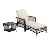 Bain De Soleil Transat Design Colonial Avec Table Basse Et Matelas - Dossier Inclinable - Résine Tressée, Polyester - Marron Crème