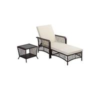 Bain De Soleil Transat Design Colonial Avec Table Basse Et Matelas - Dossier Inclinable - Résine Tressée, Polyester - Marron Crème