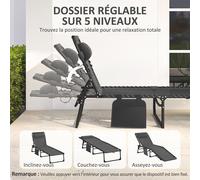 Bain De Soleil Transat Pliable Avec Poignée - Dossier Inclinable Multi-Positions, Pochette, Tétière - Acier Époxy Lacets Élastiques Textilène Noir