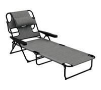Bain De Soleil Transat Pliable Inclinable - Coussins, Espace Tête - Acier Noir Polyester Gris Chiné