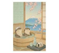 Bain Japonais Loutres Puzzle 1000 Pièces en Bois, Défi d'Assemblage