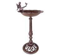 Bain Oiseau sur Pied Grand Bénitier en Fonte Marron Abreuvoir Rond Motif Fée 24x24x52cm
