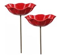 Bain pour colibris 2 pièces, bol de bain pour oiseaux sur piquet de jardin à fleurs rouges - Station d'arrosage pour abeilles pour l'extérieur, petit oiseau pour oiseaux et papillons d'arrière-c